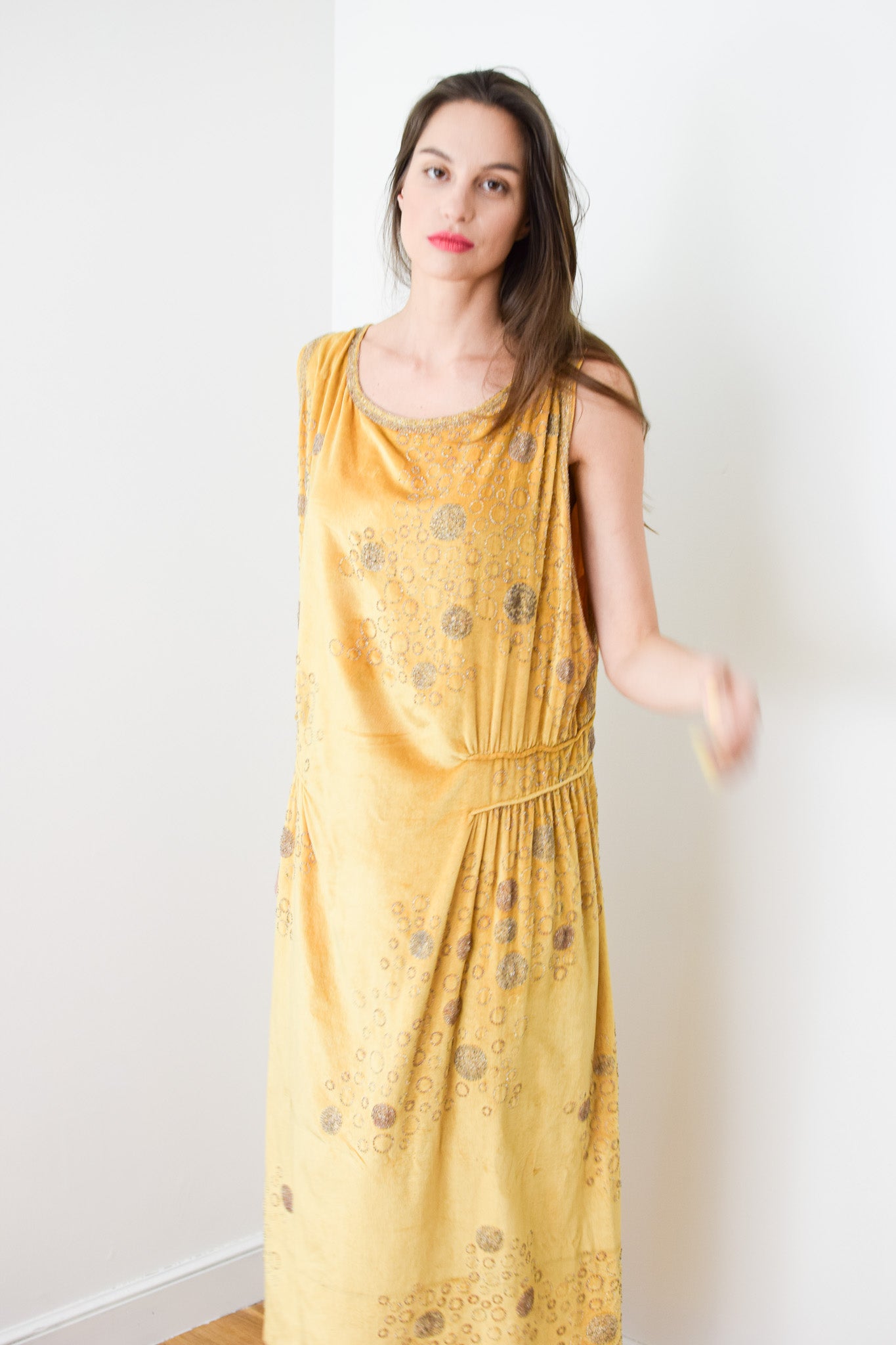 1920s French Beaded Citrine Silk Velvet Gown | M/L