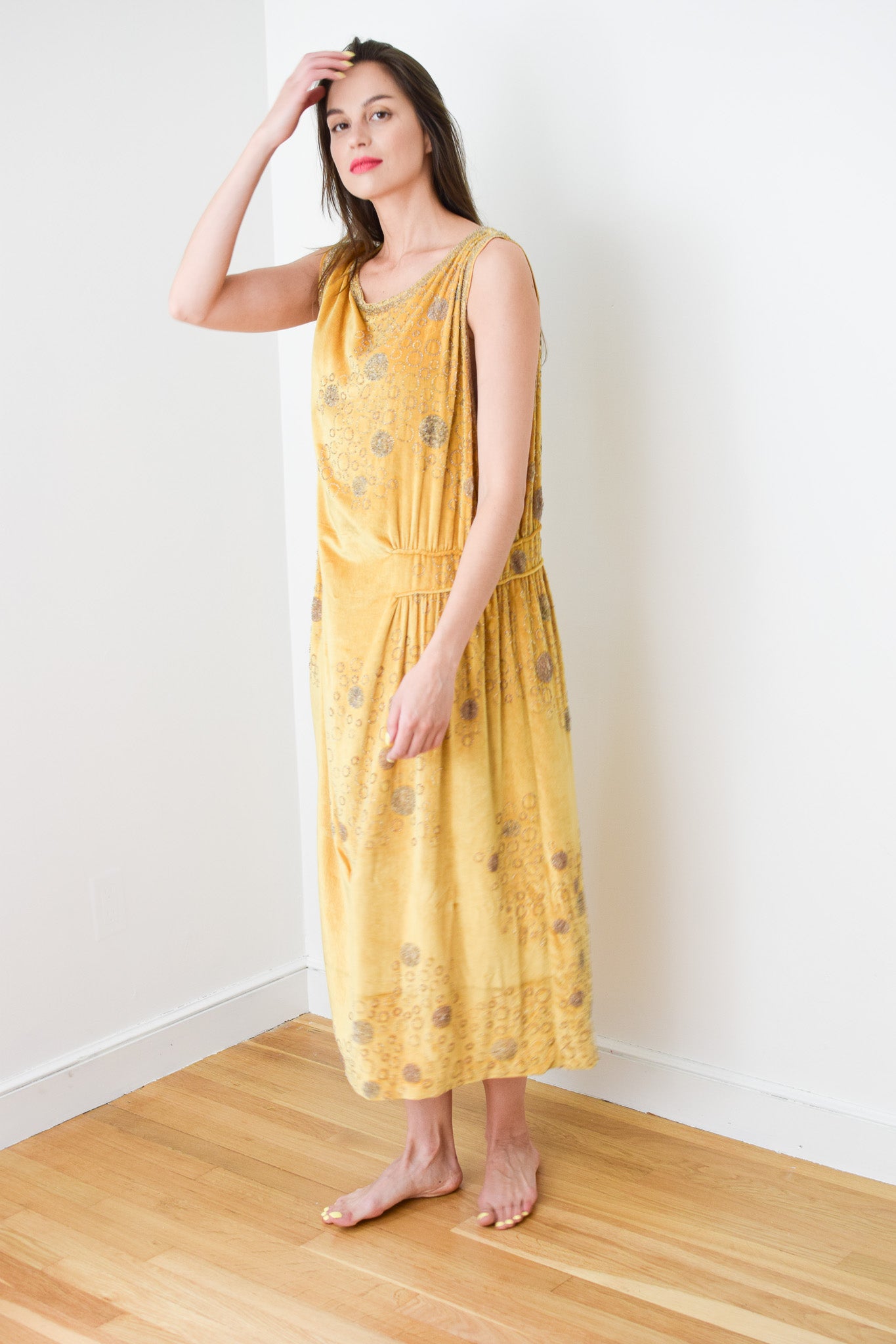 1920s French Beaded Citrine Silk Velvet Gown | M/L