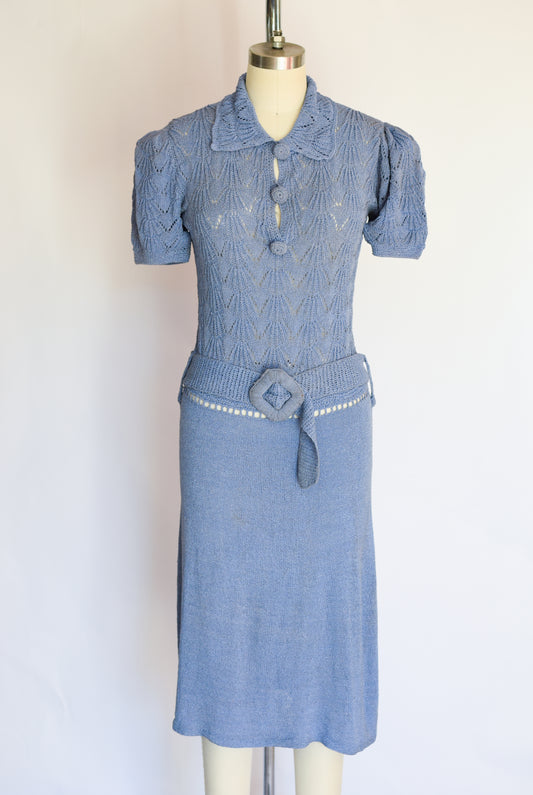 RESERVED 1930s Cornflower Blue Crocheted Dress | S/M