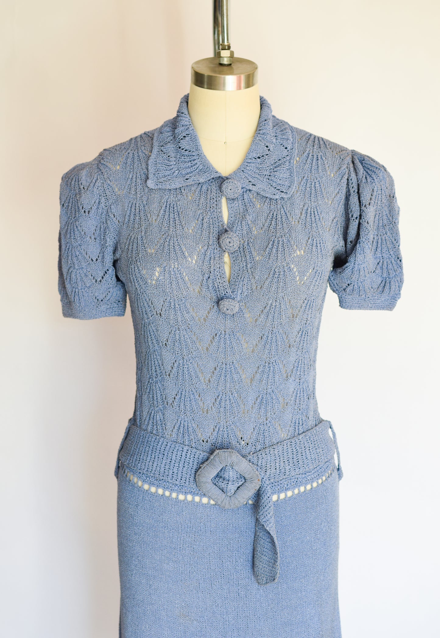 RESERVED 1930s Cornflower Blue Crocheted Dress | S/M