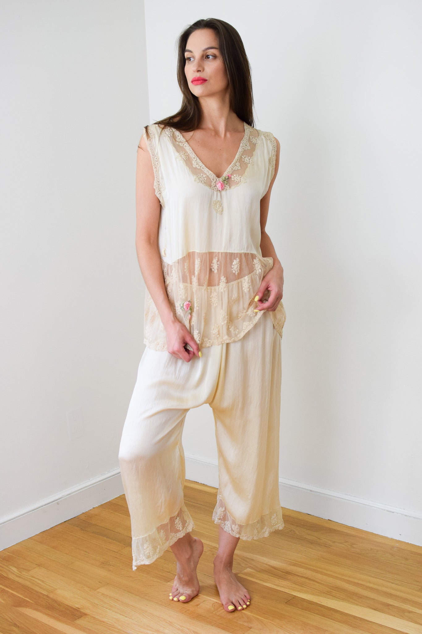 1920s Silk and Lace Pajama Set | M/L