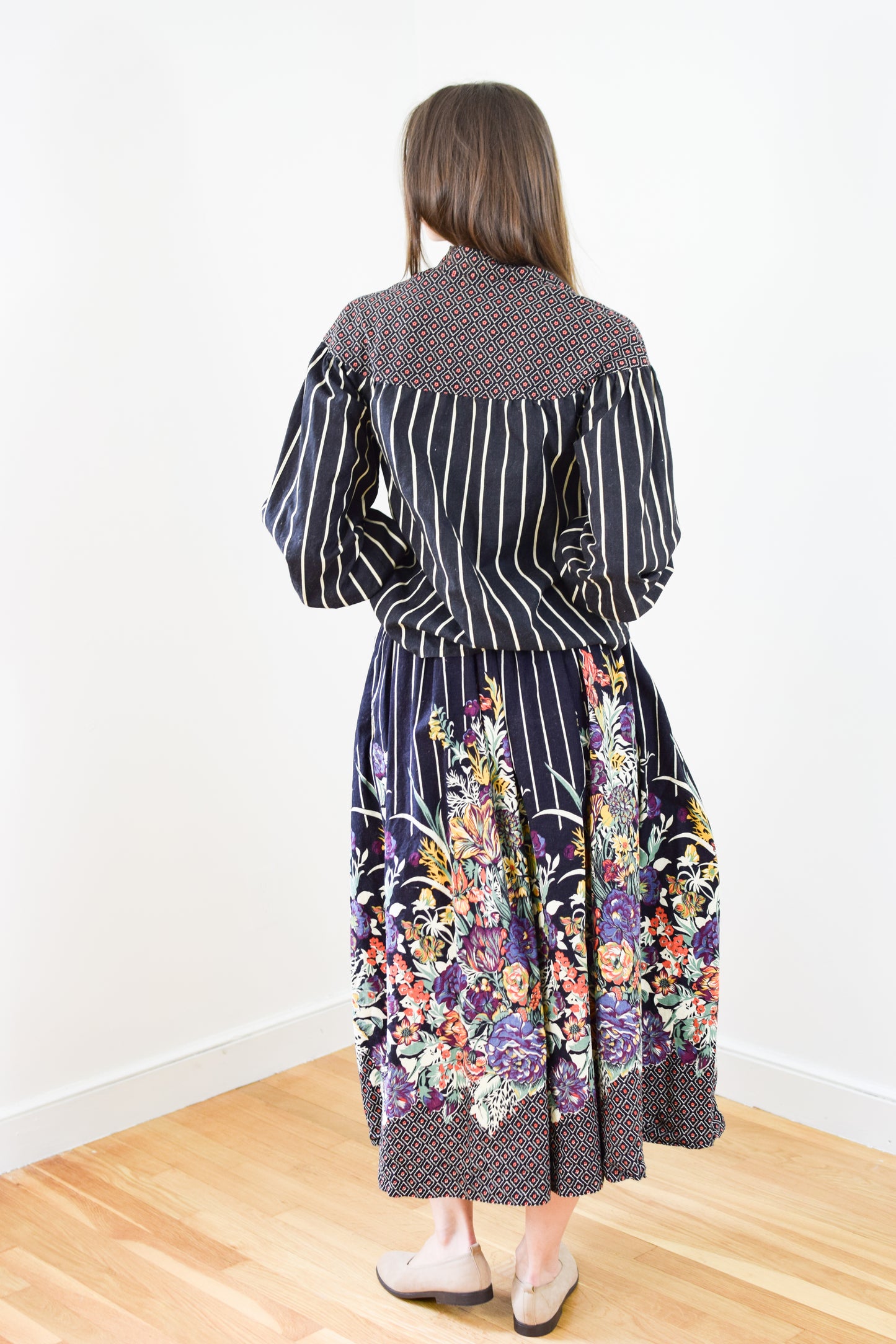 1970s Dark Floral Folky Dress Set | XS
