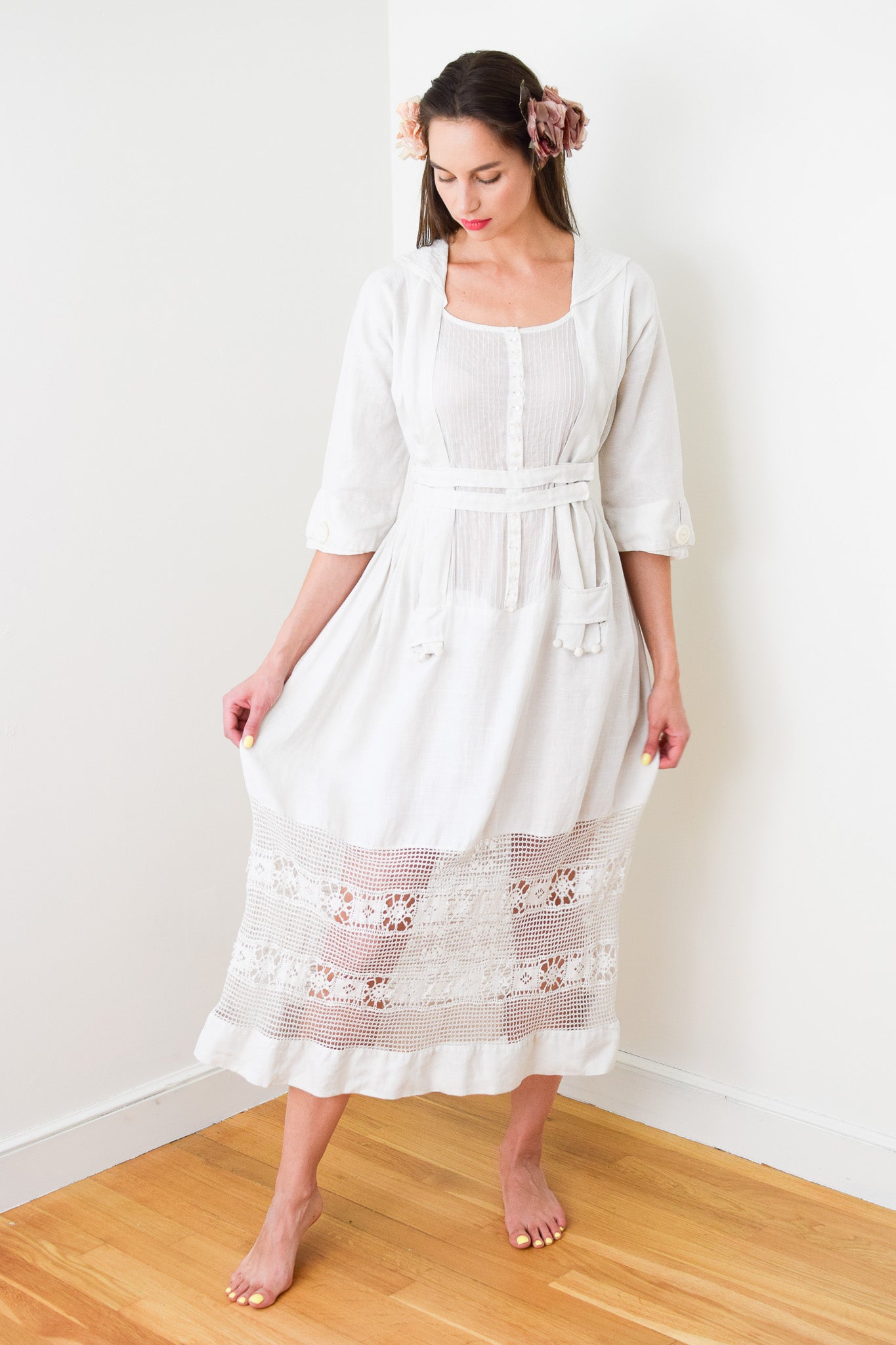 Antique Edwardian Linen Lawn Dress | XS