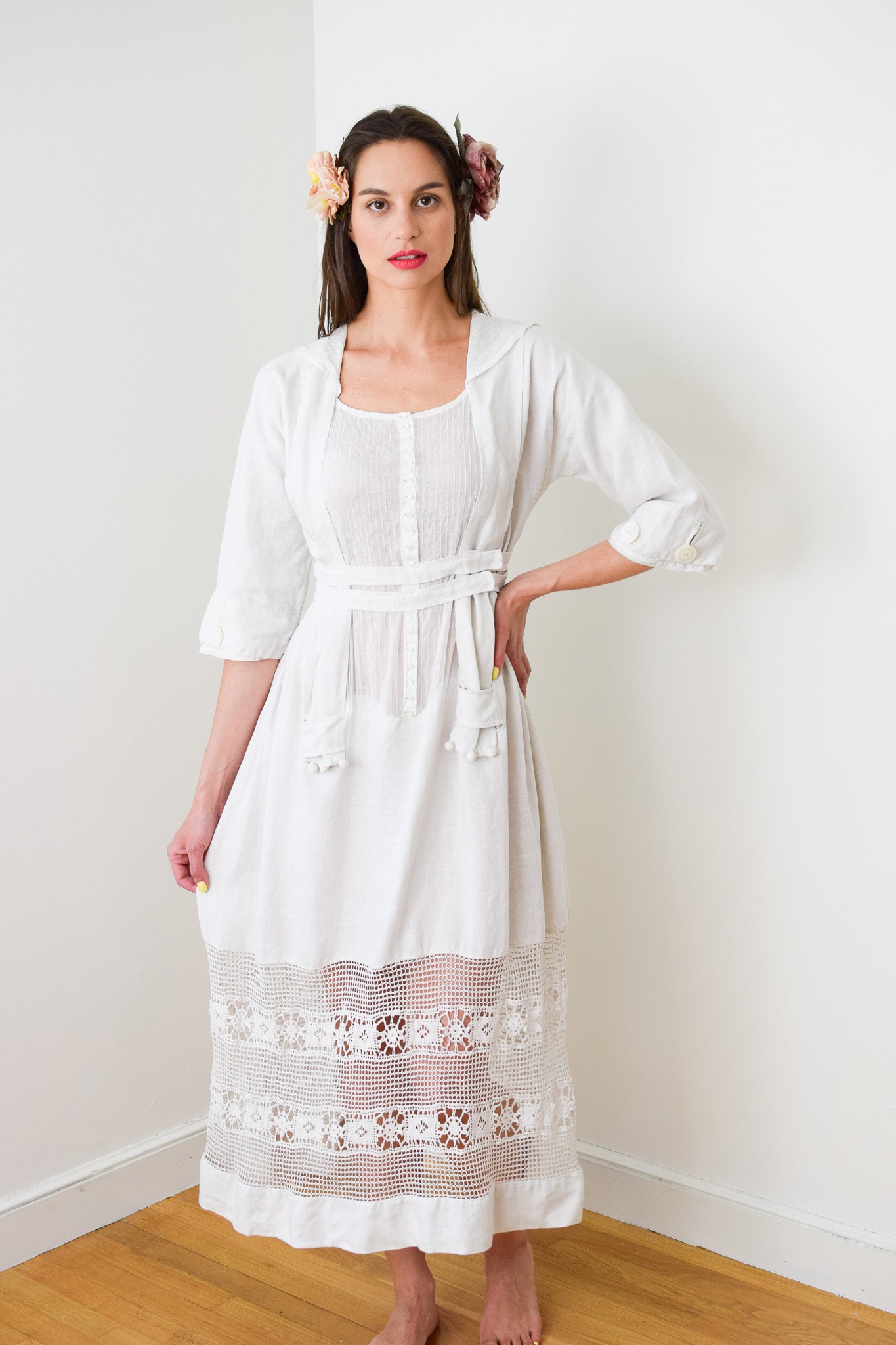 Antique Edwardian Linen Lawn Dress | XS