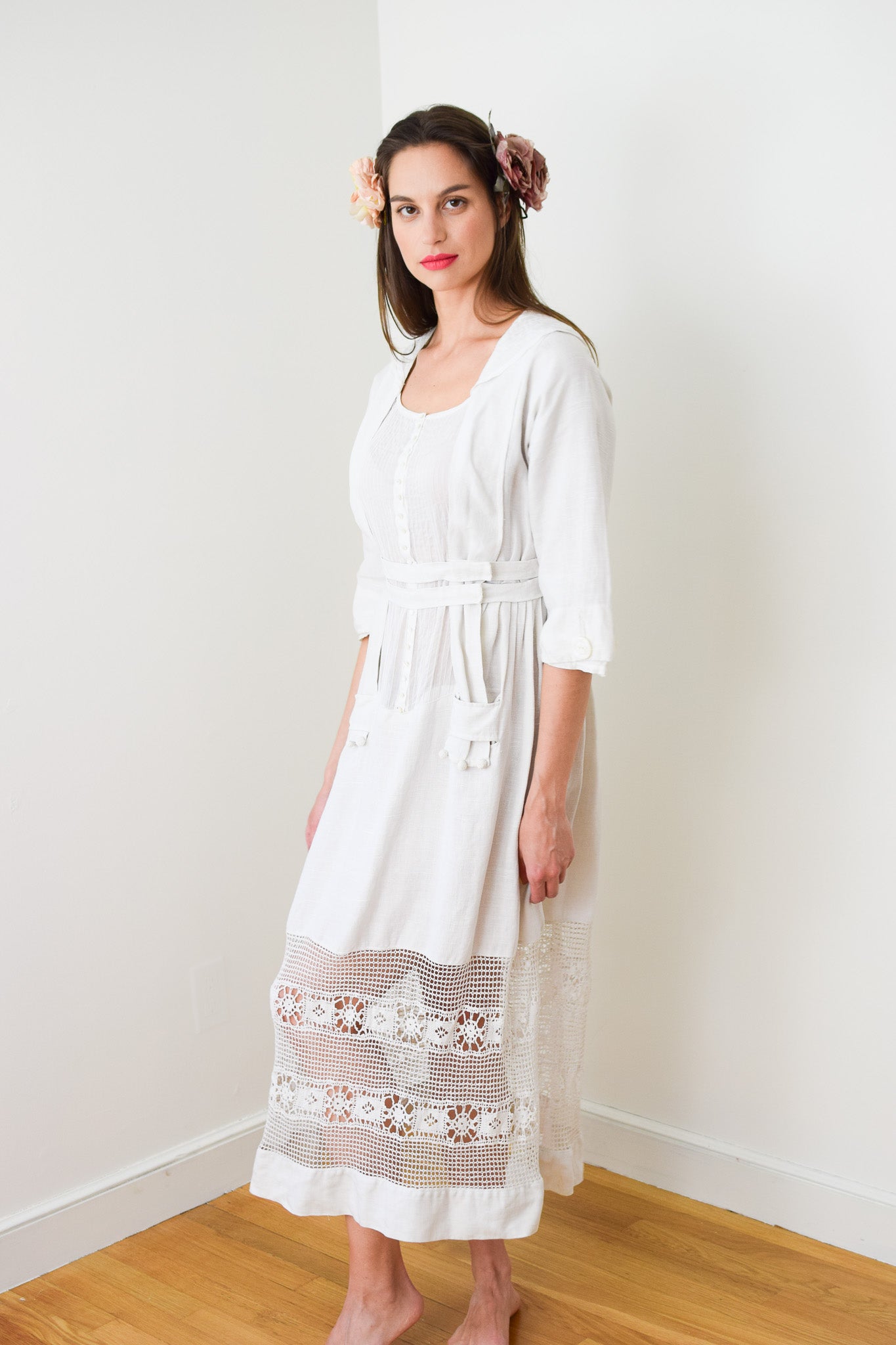 Antique Edwardian Linen Lawn Dress | XS