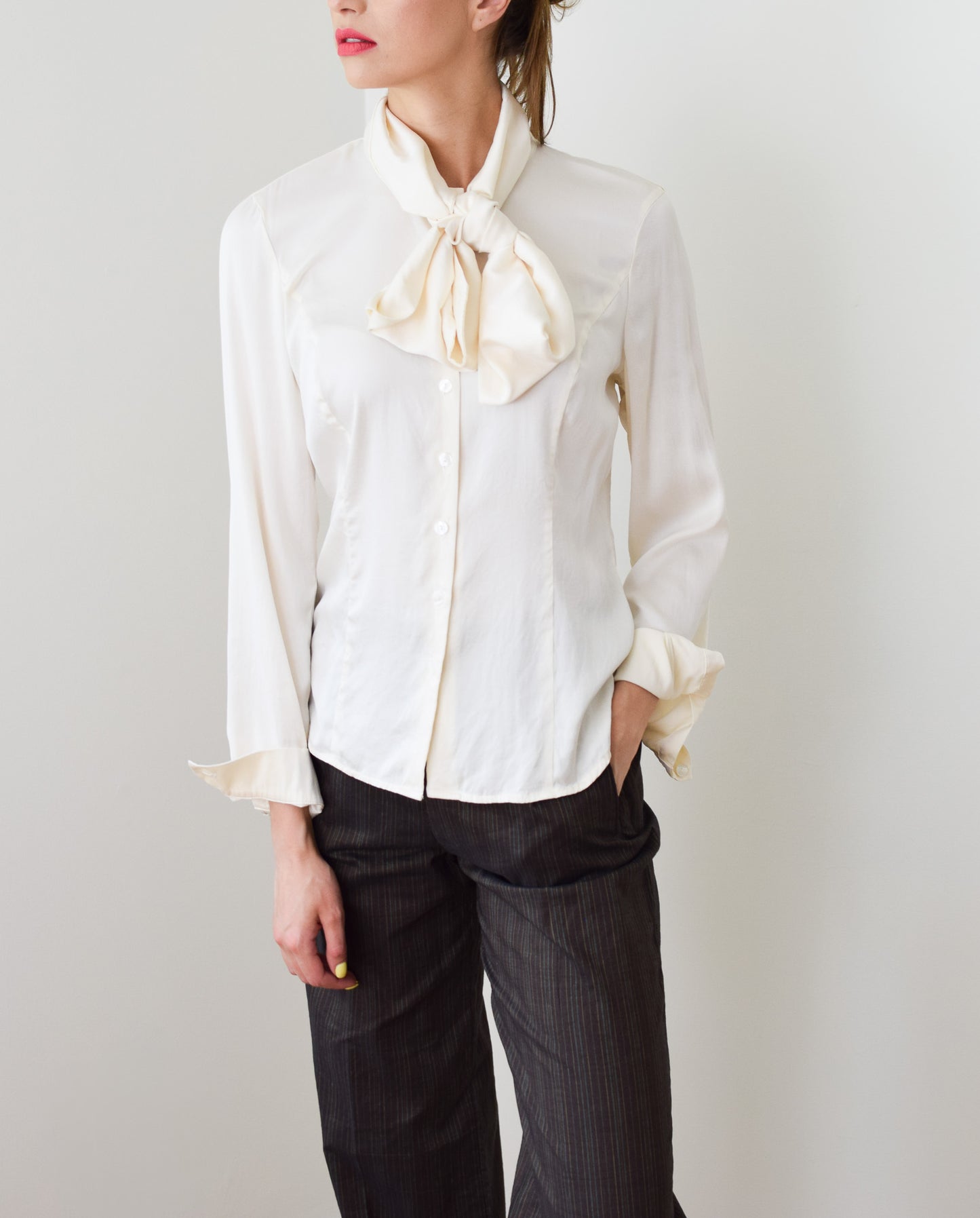 1990s Silk Blouse with Bow Necktie | S/M