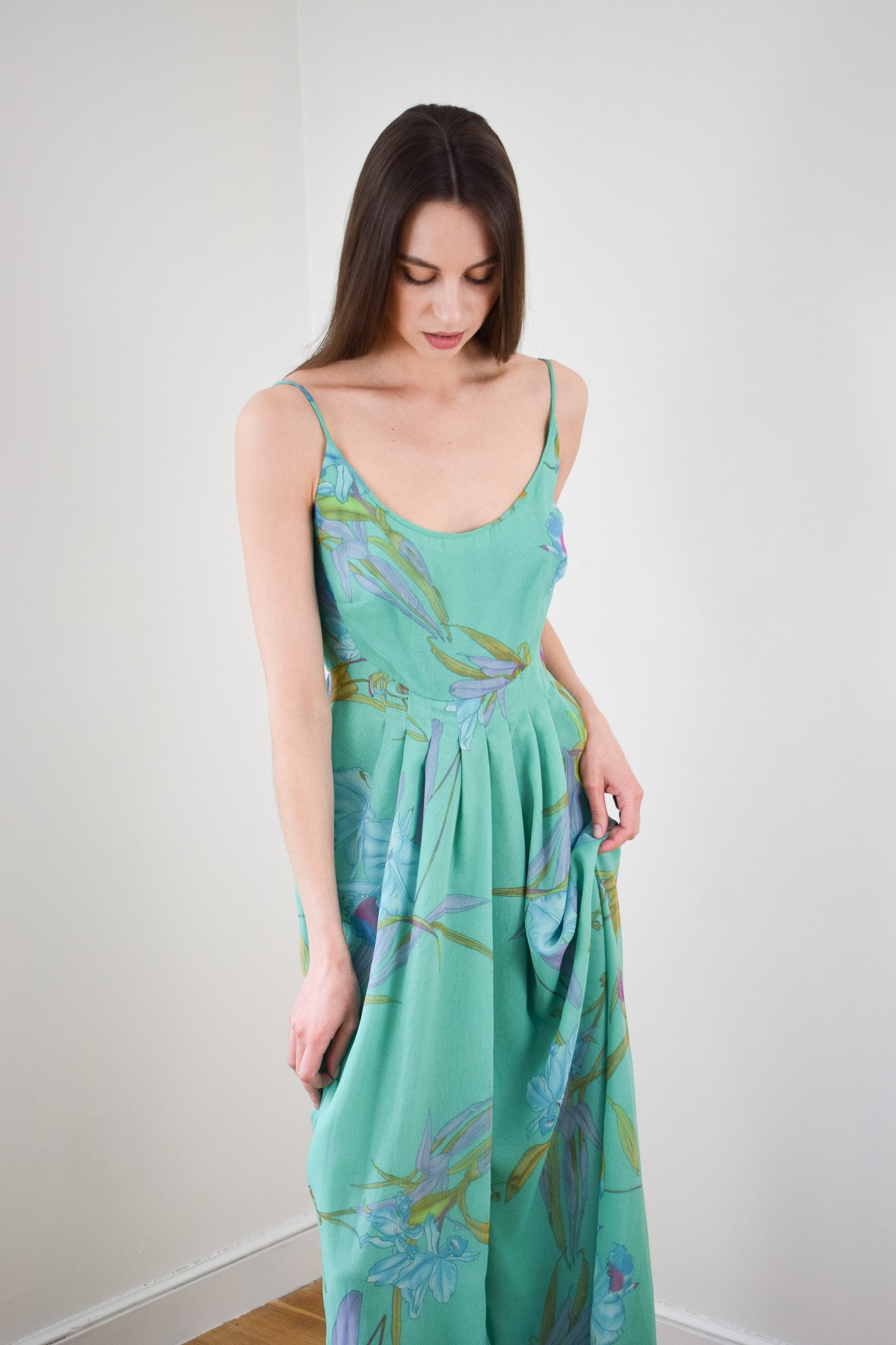 1970s Orchid Print Chiffon Gown | XS/S