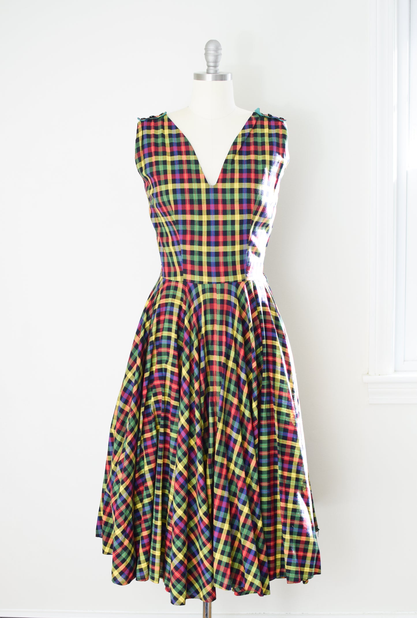 1950s Multi-Color Plaid Cotton  Dress | L