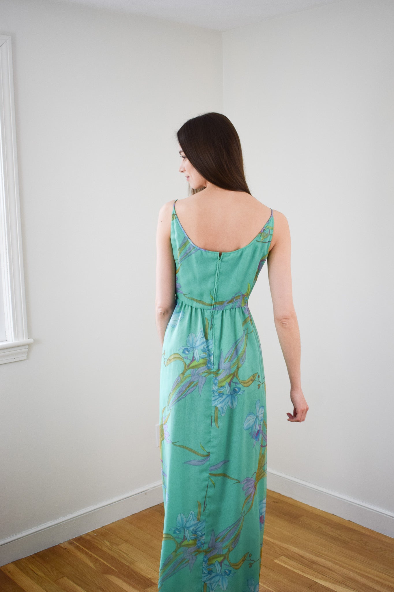 1970s Orchid Print Chiffon Gown | XS/S