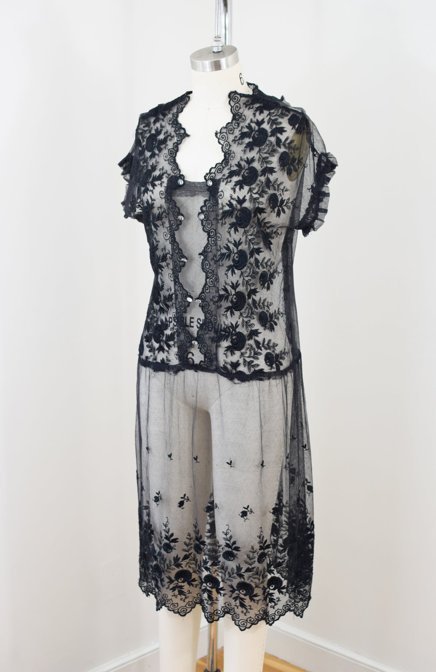 Antique 1920s Embroidered Net Dress | XS