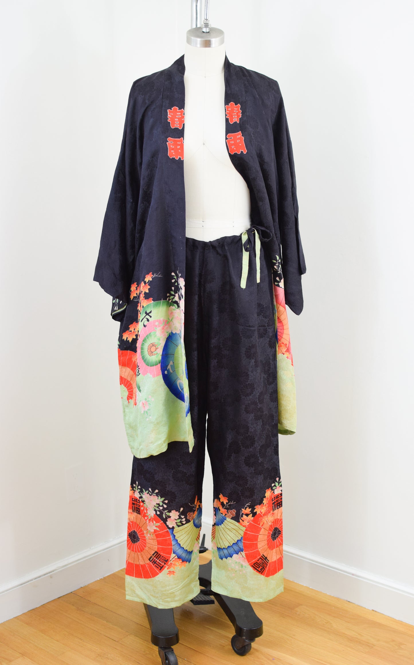 Antique 1920s Silk Pajama Robe and Pants Set | M