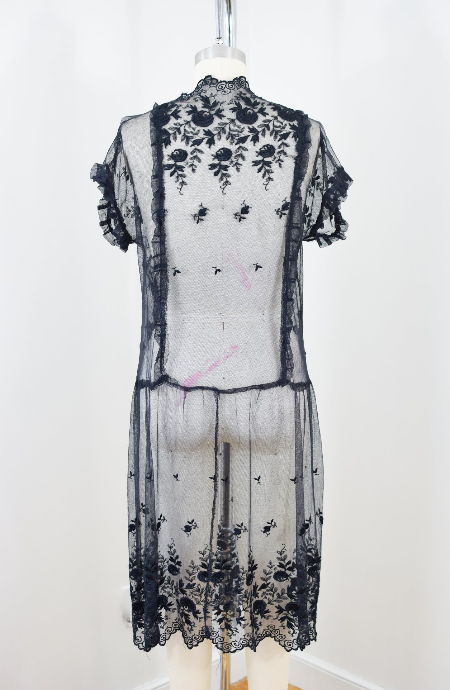 Antique 1920s Embroidered Net Dress | XS