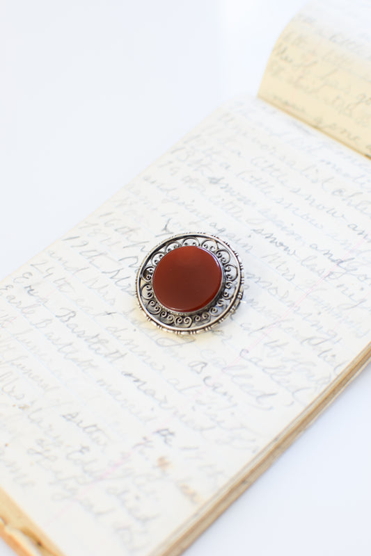 Antique Sterling Silver Filigree and Carnelian Brooch