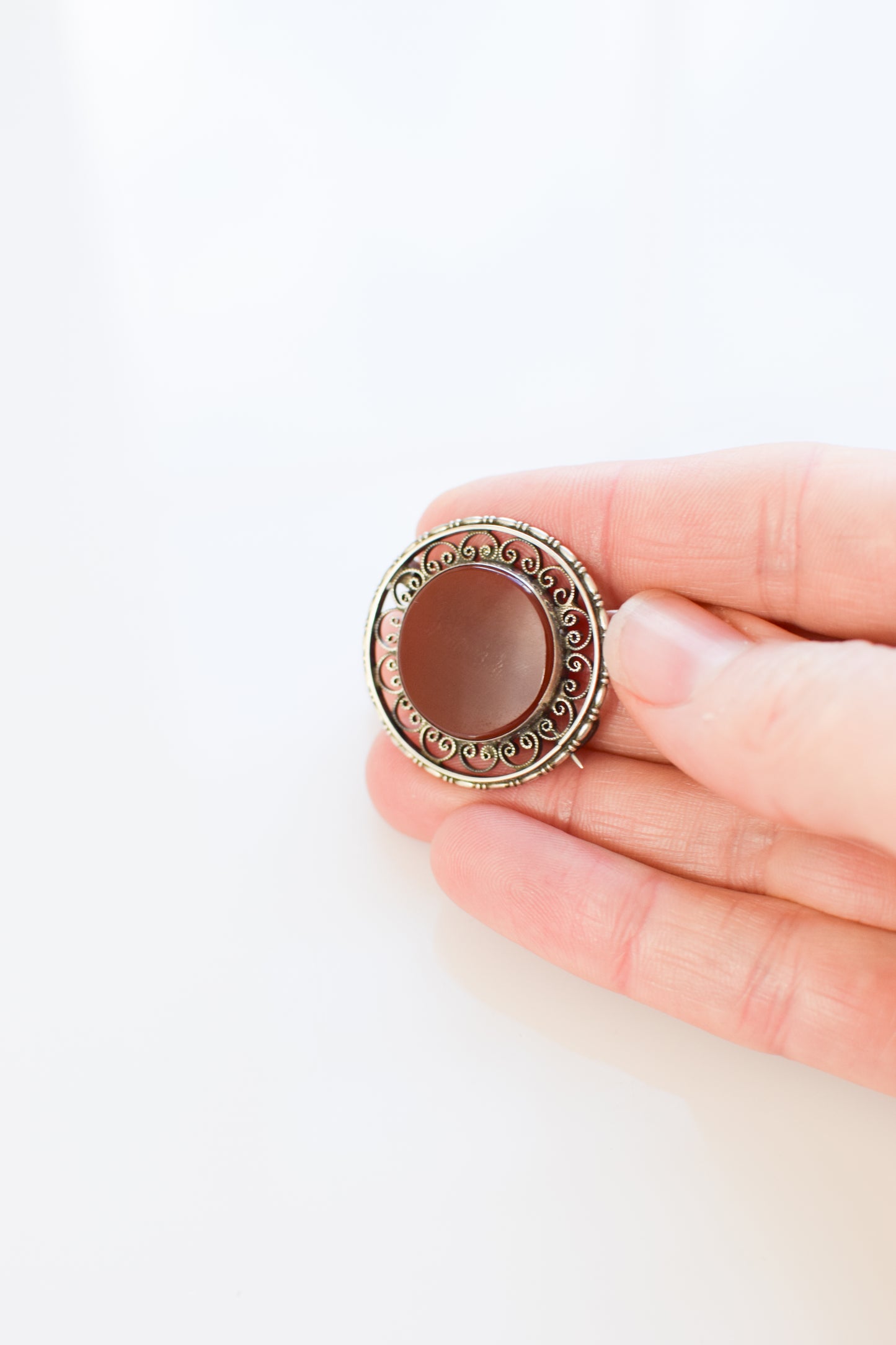 Antique Sterling Silver Filigree and Carnelian Brooch