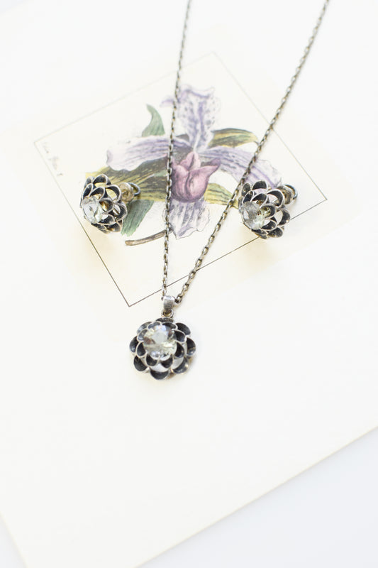 Antique Sterling Silver and Alexandrite Glass Gem "Flower" Necklace and Earring Suite