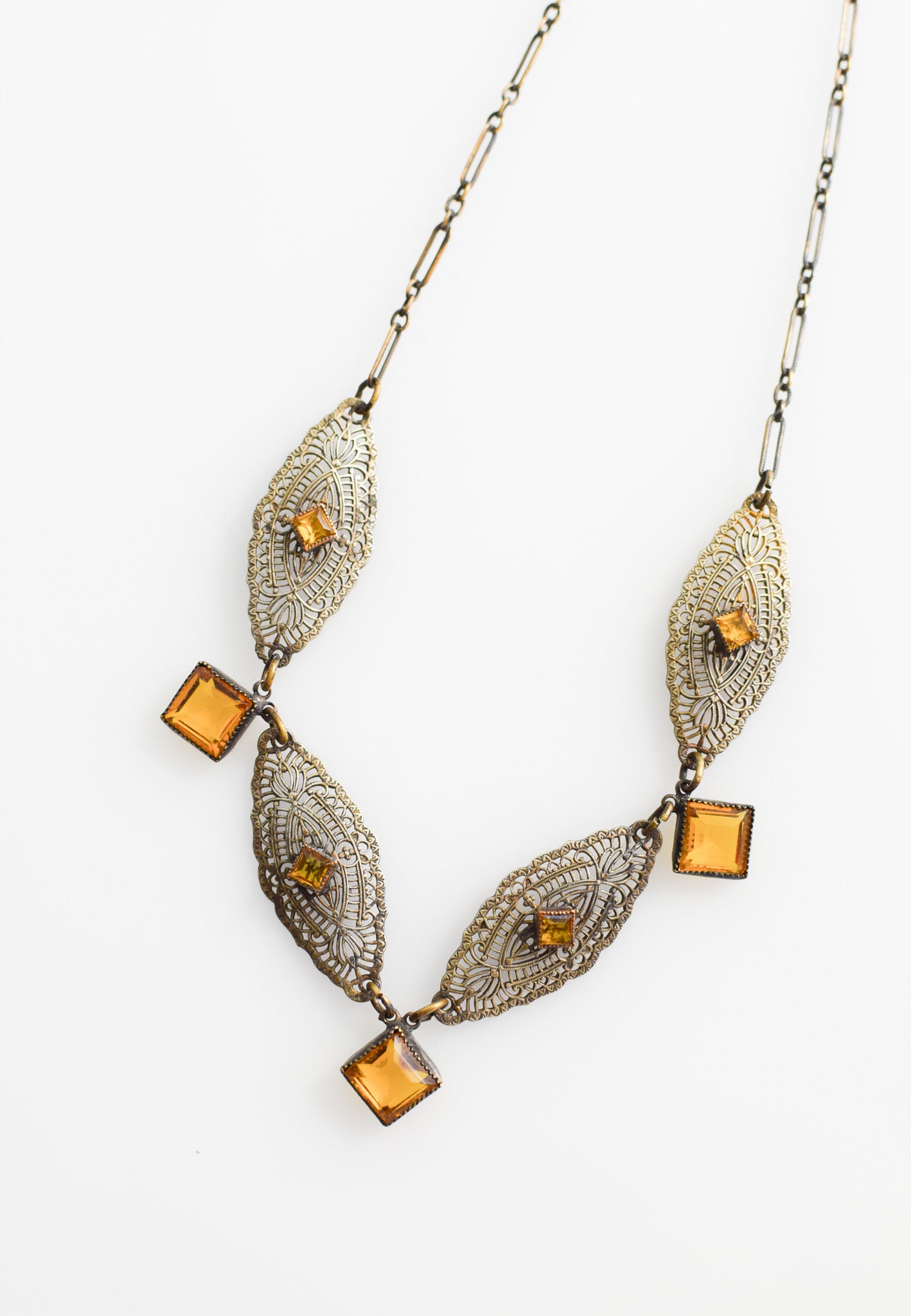Antique Citrine Czech Glass and Brass Necklace