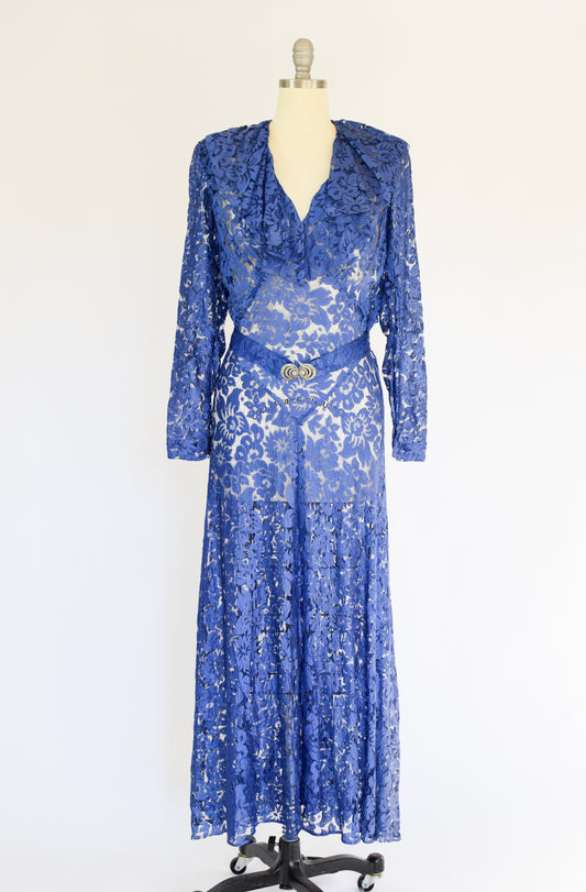 1930s Cobalt Lace Gown | S