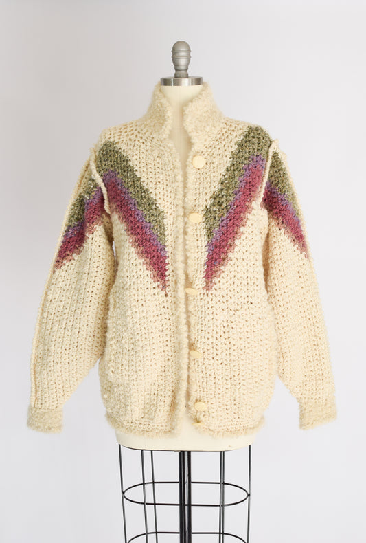 Vintage Hand-Crocheted Wool Cardigan Jacket | L