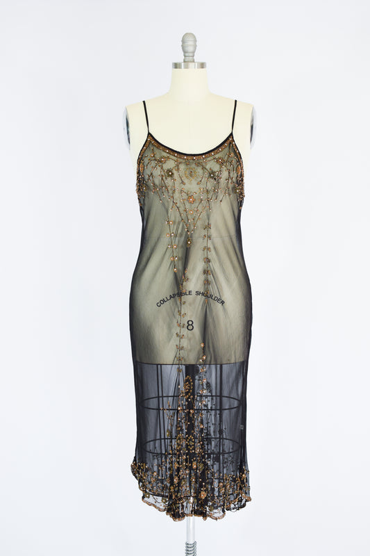 Y2K Bonnie Strauss Sheer Silk and Beaded Slip Dress | M