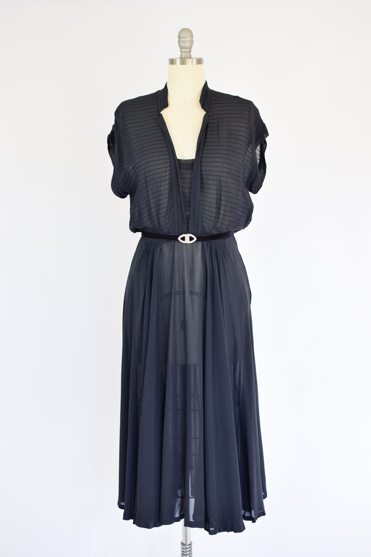 1940s Sheer Black Chiffon Dress | M