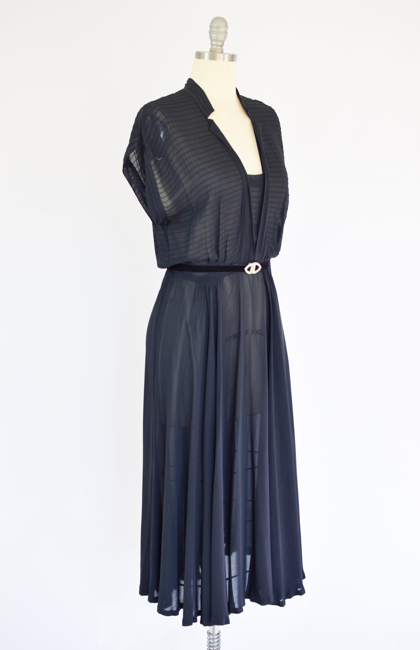 1940s Sheer Black Chiffon Dress | M