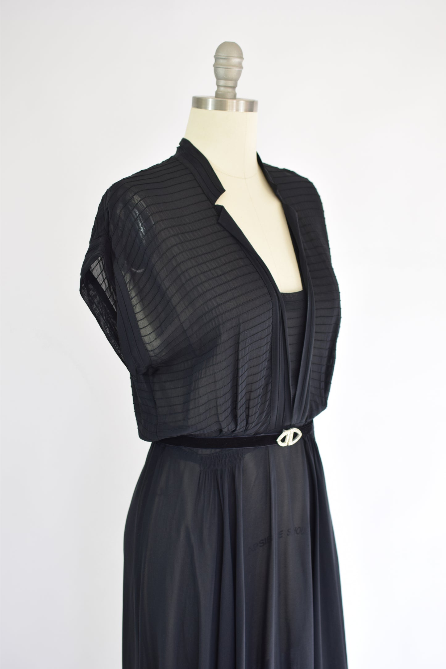 1940s Sheer Black Chiffon Dress | M