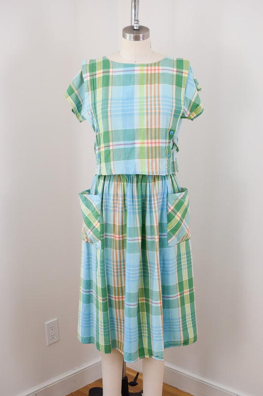 1980s Plaid Indian Cotton Skirt and Top Set | S