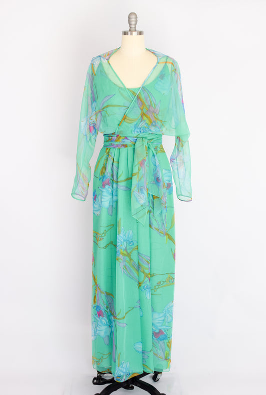 1970s Chiffon Orchid Print Gown | S/M