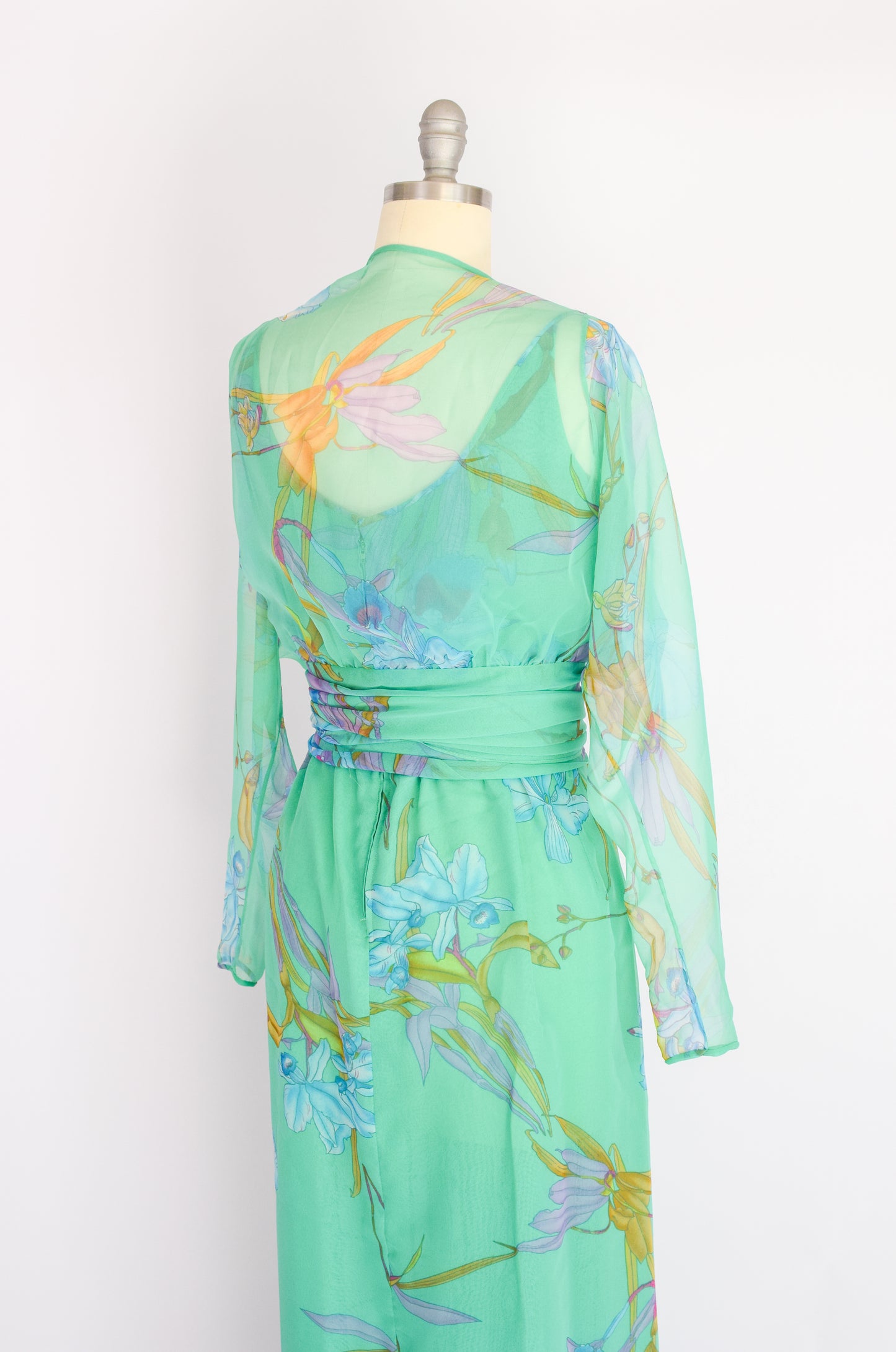 1970s Chiffon Orchid Print Gown | S/M