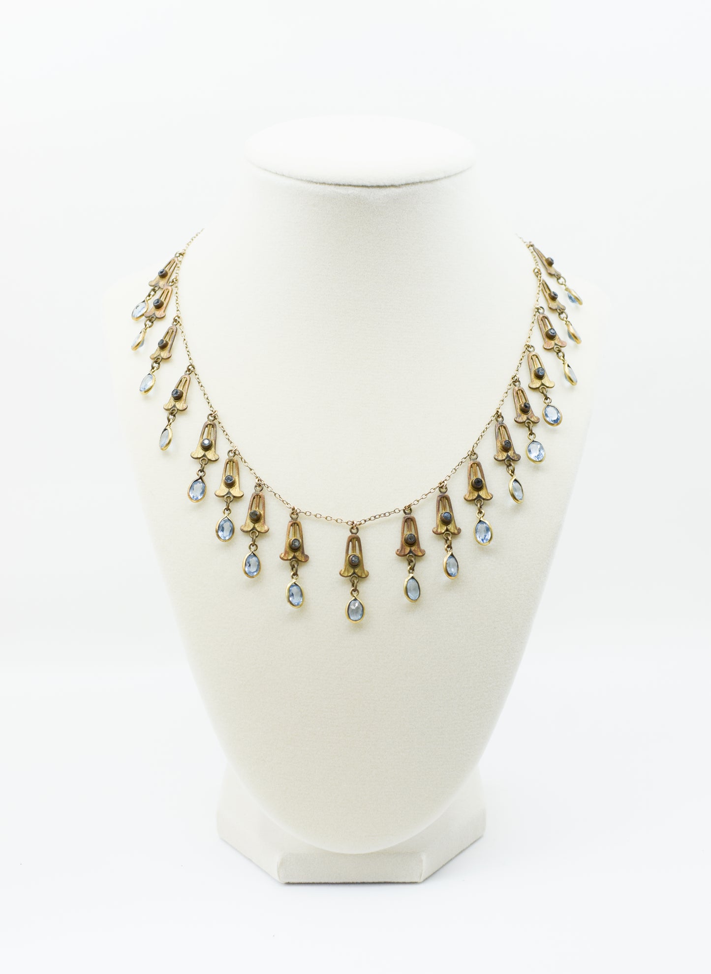 Antique Art Nouveau Brass and Aquamarine Glass Floral Drop Necklace