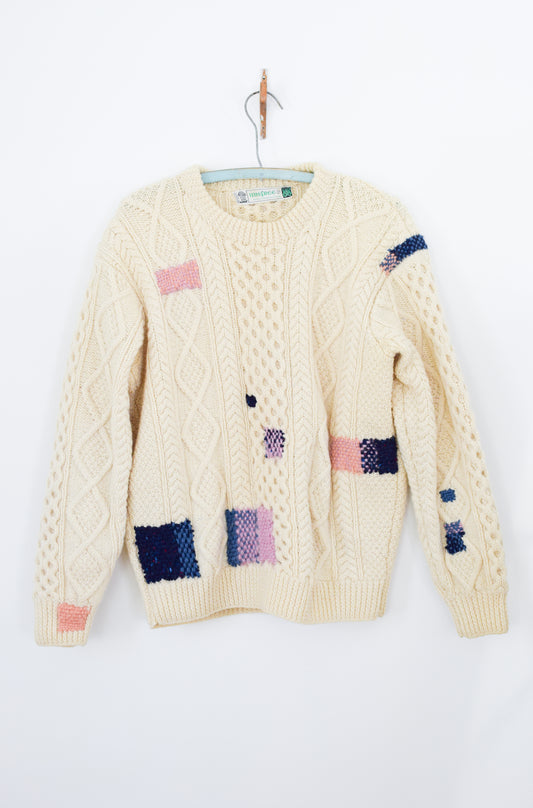 Vintage Wool Cable Knit with Visible Mending