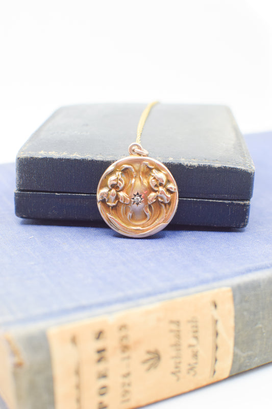 Antique 9kt Gold Art Nouveau Iris Locket with Diamond