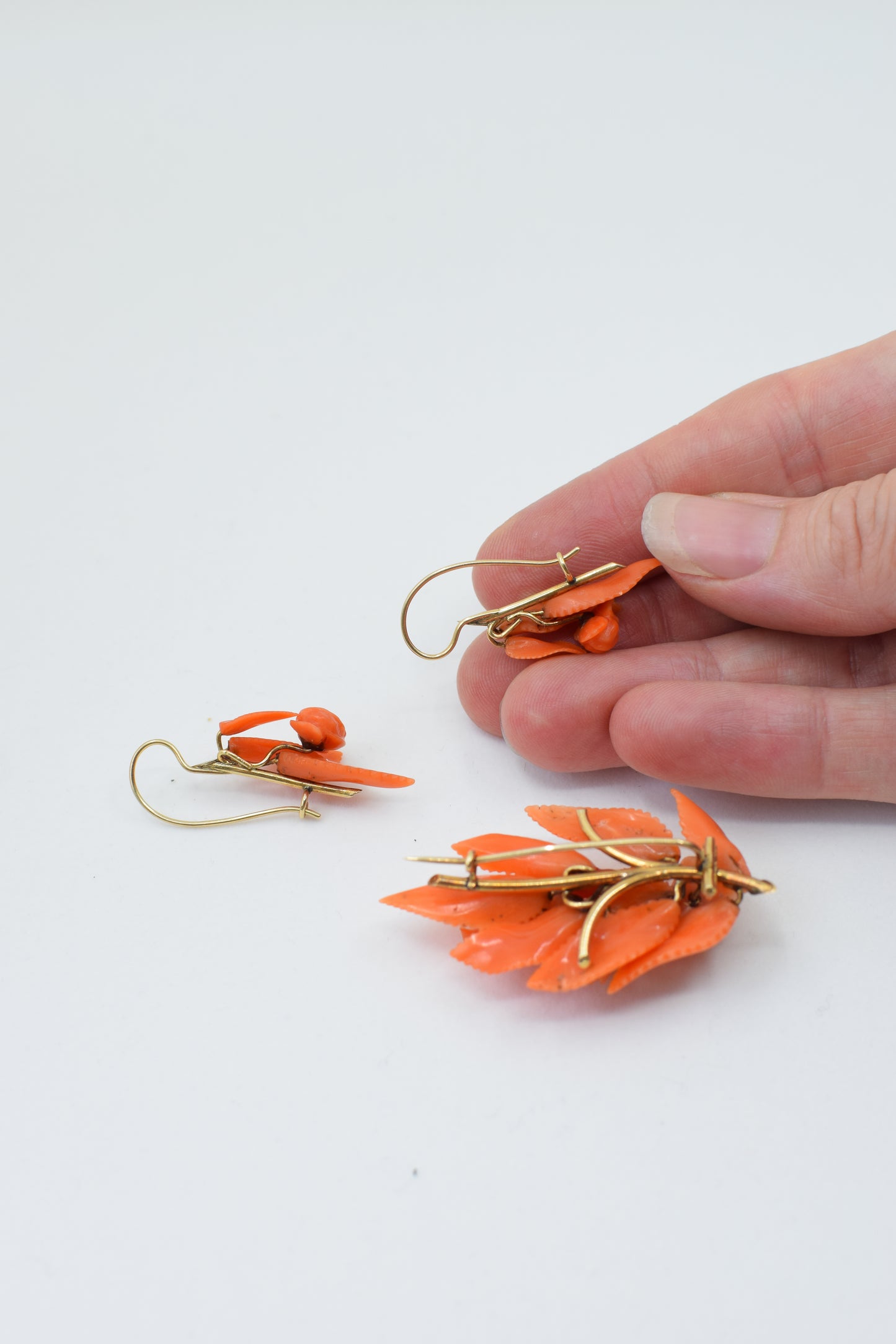 Victorian Carved Coral and Goldfill Earring and Brooch Set