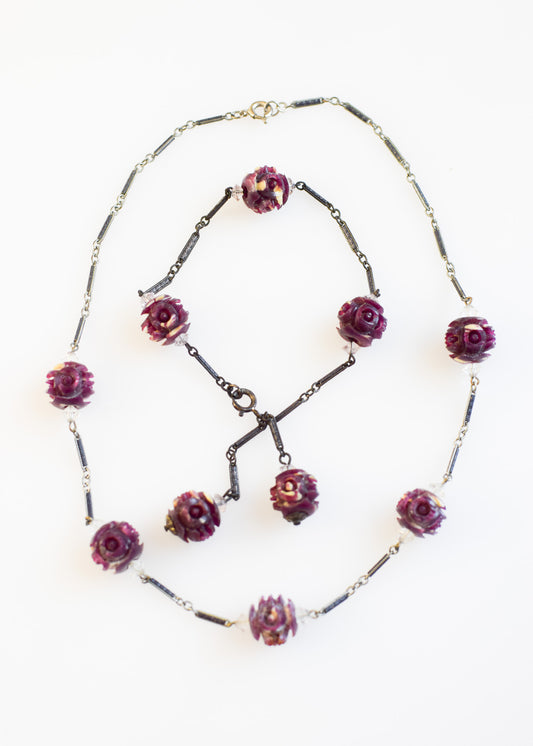 1930s Carved Celluloid Rose Necklace and Bracelet Set