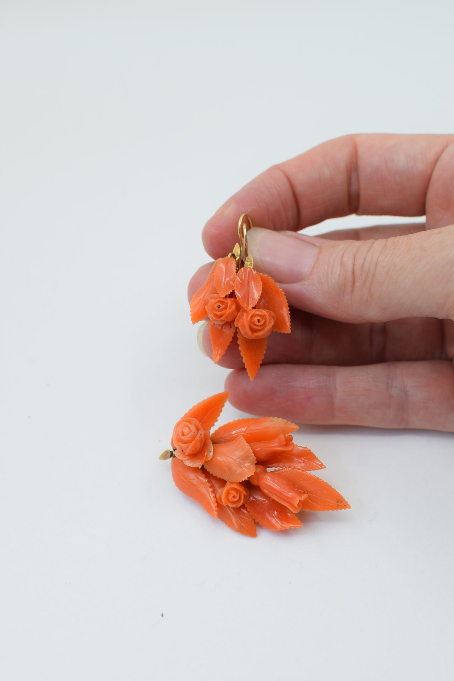 Victorian Carved Coral and Goldfill Earring and Brooch Set