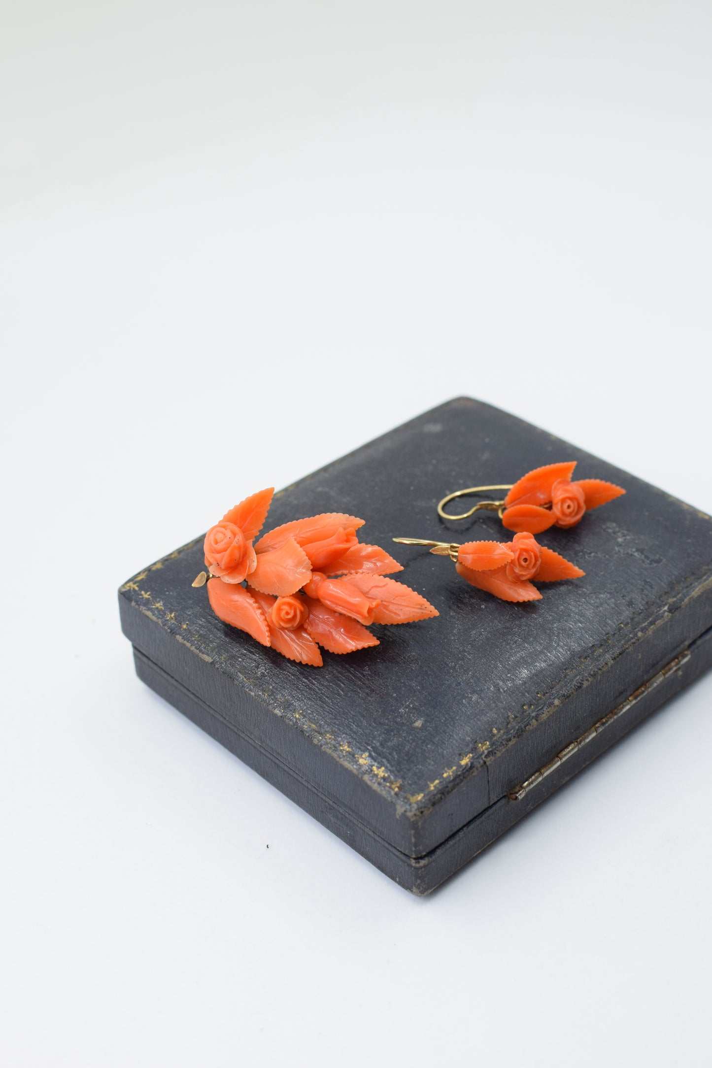 Victorian Carved Coral and Goldfill Earring and Brooch Set