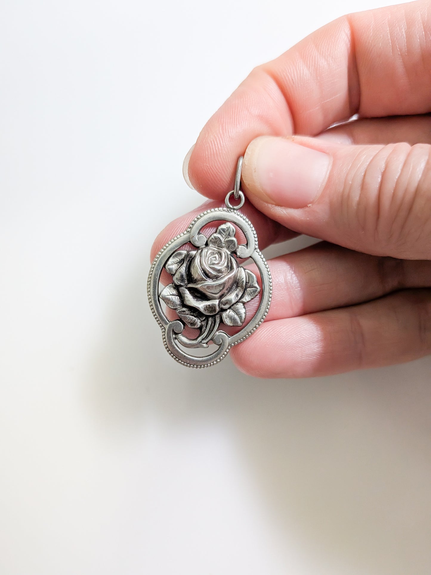 Vintage German Silver Rose Pendant