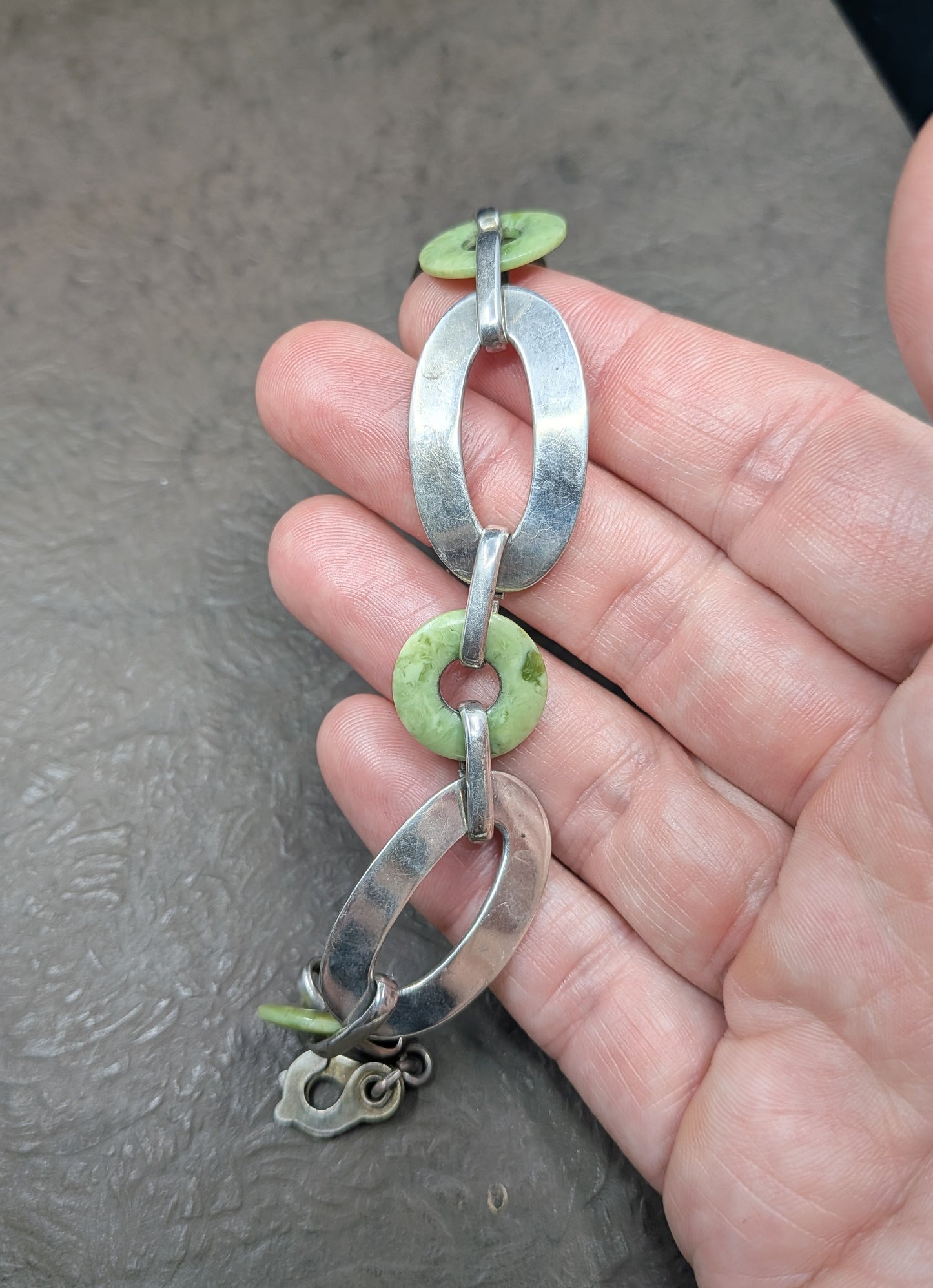 Vintage Art Deco Silver and Bohemian Jade Bracelet