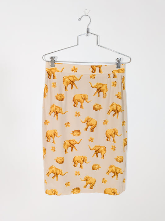 Vintage Escada Silk Elephant + Turtle Print Skirt | S