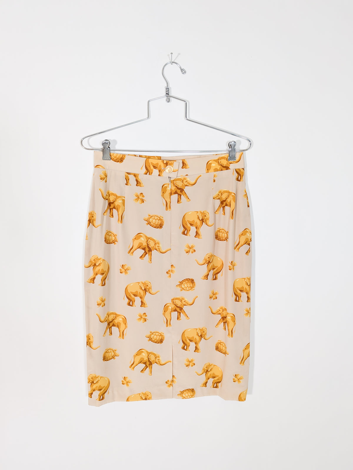 Vintage Escada Silk Elephant + Turtle Print Skirt | S