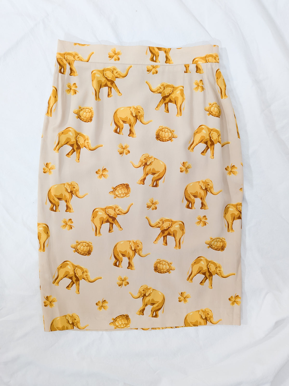 Vintage Escada Silk Elephant + Turtle Print Skirt | S