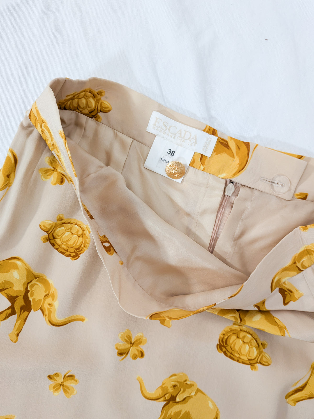 Vintage Escada Silk Elephant + Turtle Print Skirt | S