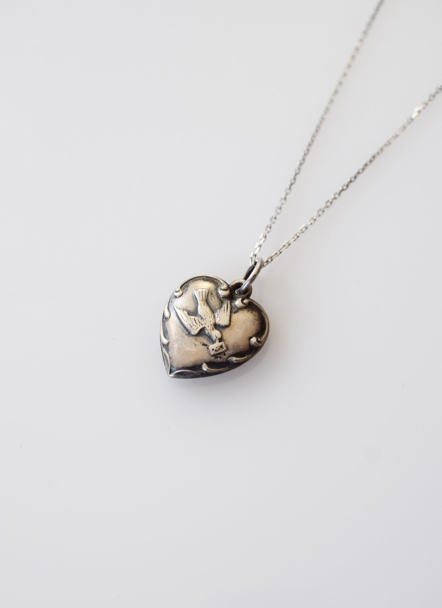 Vintage Silver Bluebird Heart Charm Necklace