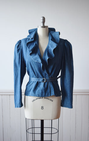 Denim Ruffled Wrap Top, Bis by Gene Ewing | S/M