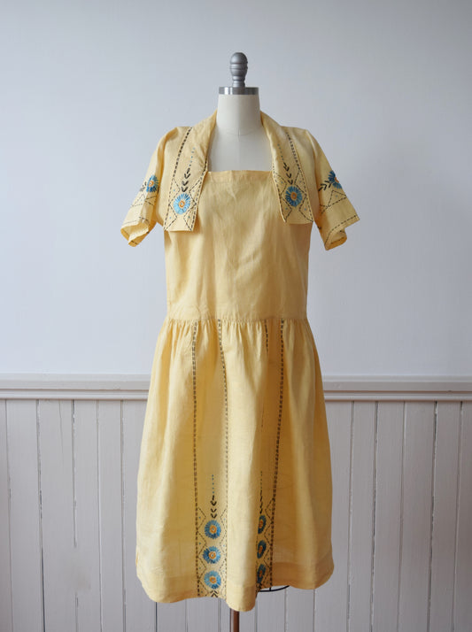 1920s Floral Embroidered Linen Frock | Kit Dress