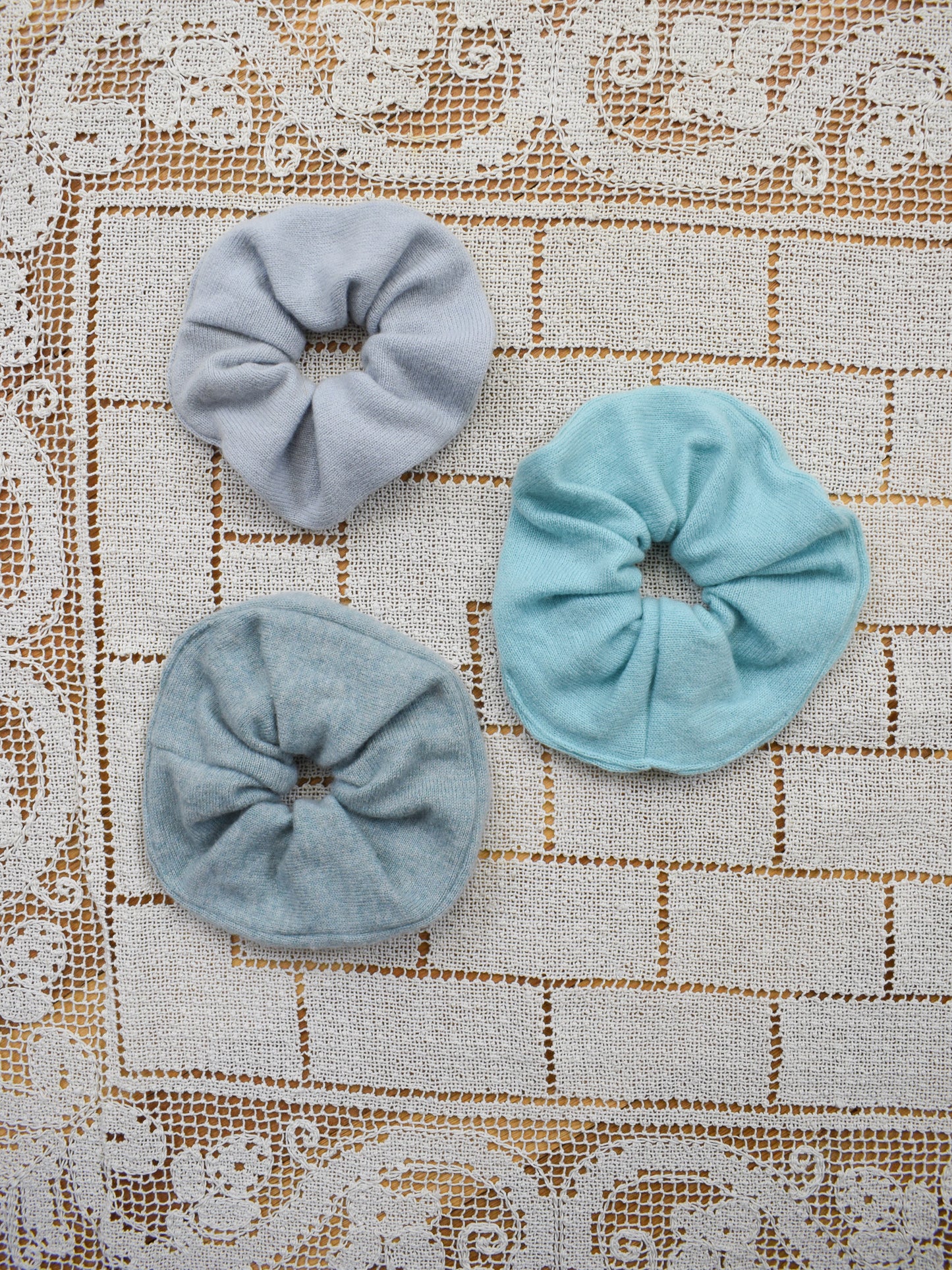 For M Upcycled Cashmere Scrunchies | Soft Teal and Ice Blue