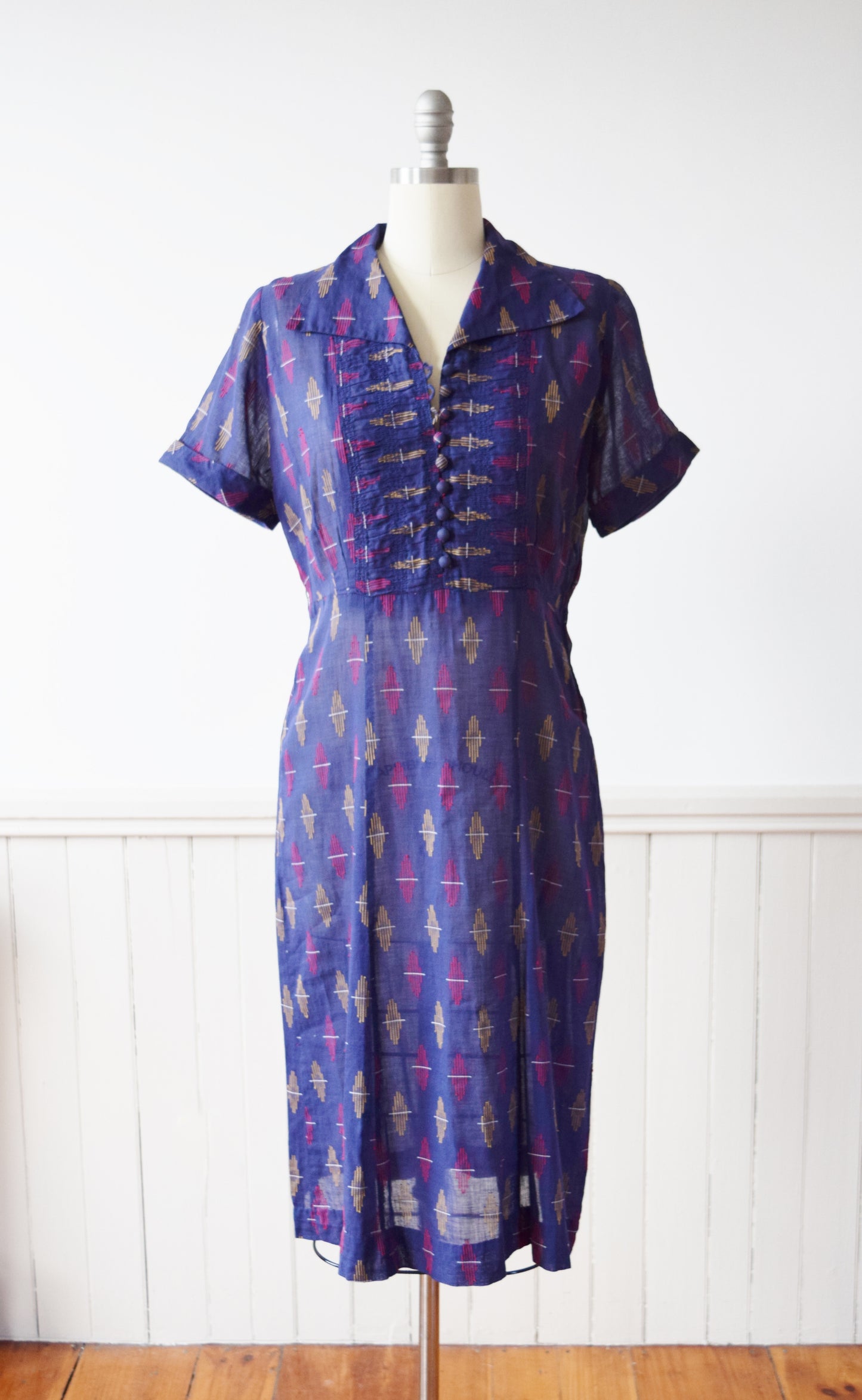 1940s Woven Primary Color Cotton Frock | M/L