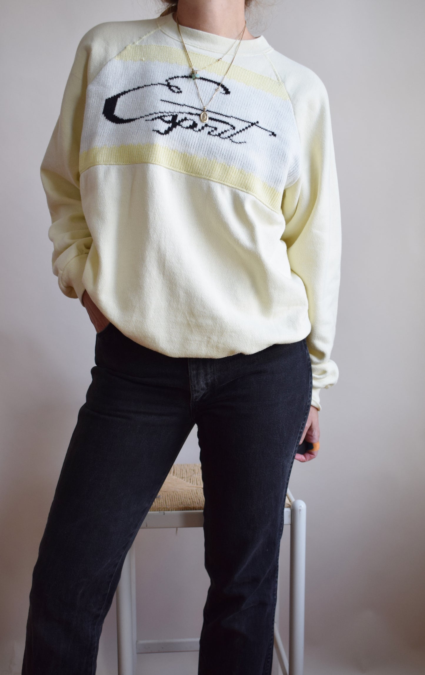 1980s Butter Yellow Bootleg Esprit Knitted Logo Raglan | L/XL