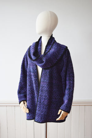 Loom Woven Purple Cotton Boucle Cardigan and Scarf | M/L