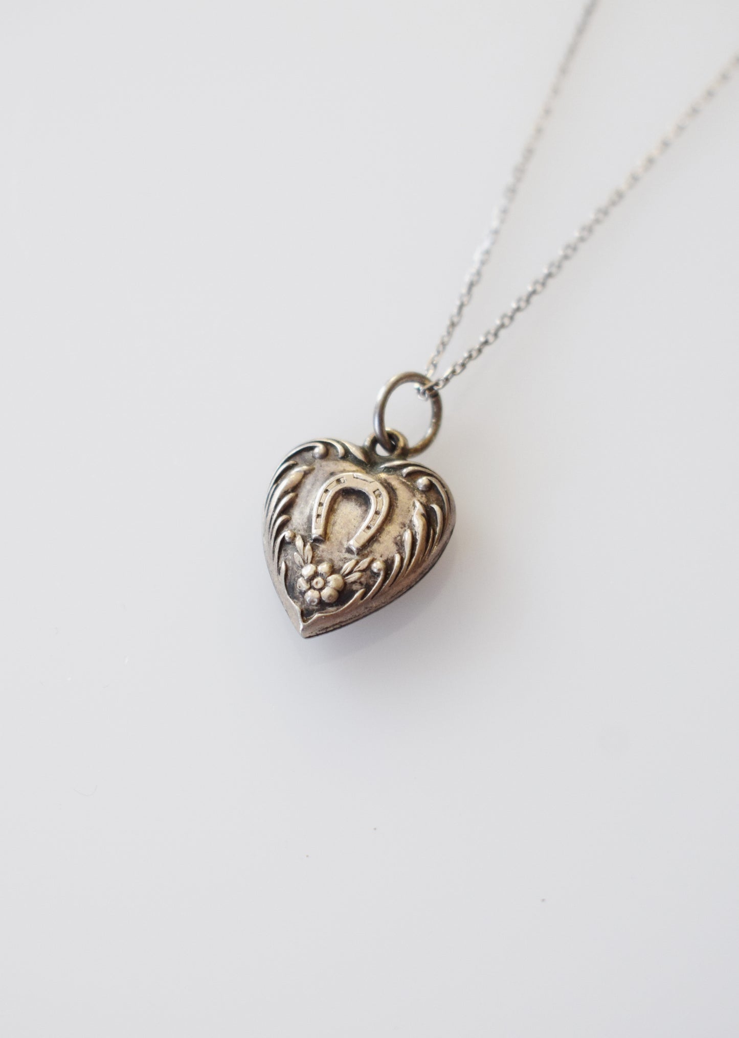 Vintage Silver Horseshoe Heart Charm Necklace